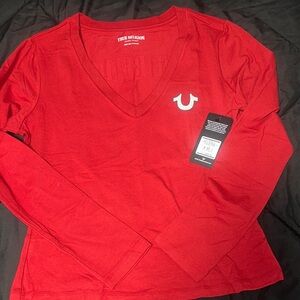 True Religion Women's Red Long Sleeve V-Neck Tee